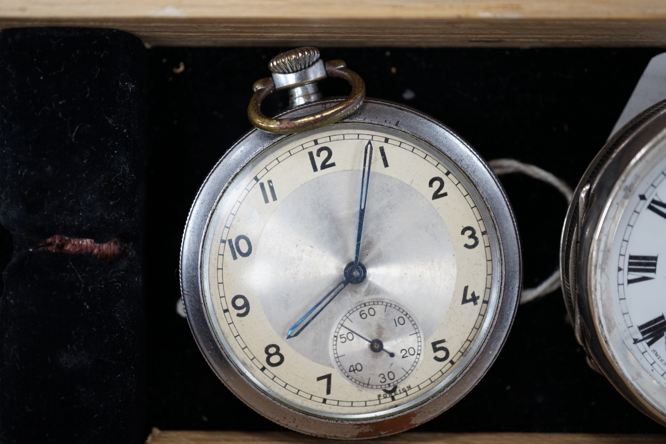 Eight assorted base metal pocket watches including Longines and Acme Lever.